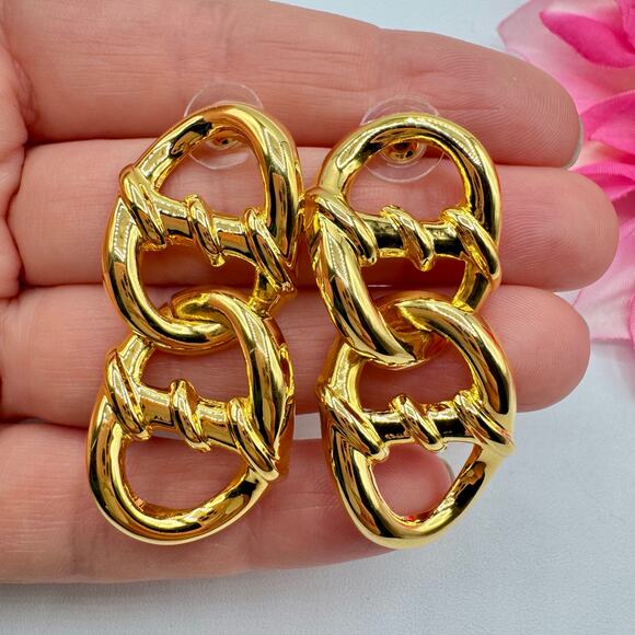 Vintage Big Chunky Chain Link Earrings 80s 90s Preppy Chic Runway Statement - Picture 3 of 9